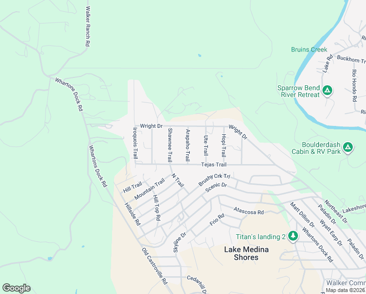 map of restaurants, bars, coffee shops, grocery stores, and more near 175 Arapaho Trail in Bandera