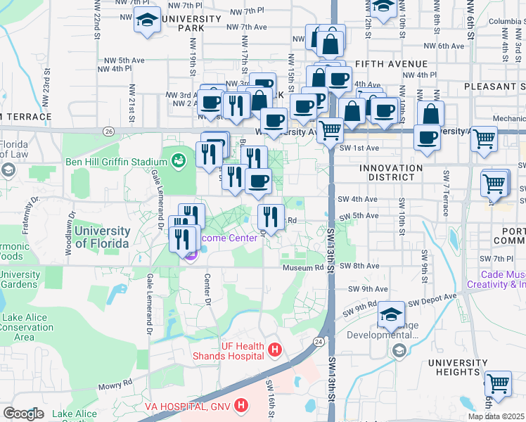 map of restaurants, bars, coffee shops, grocery stores, and more near Newell Drive in Gainesville