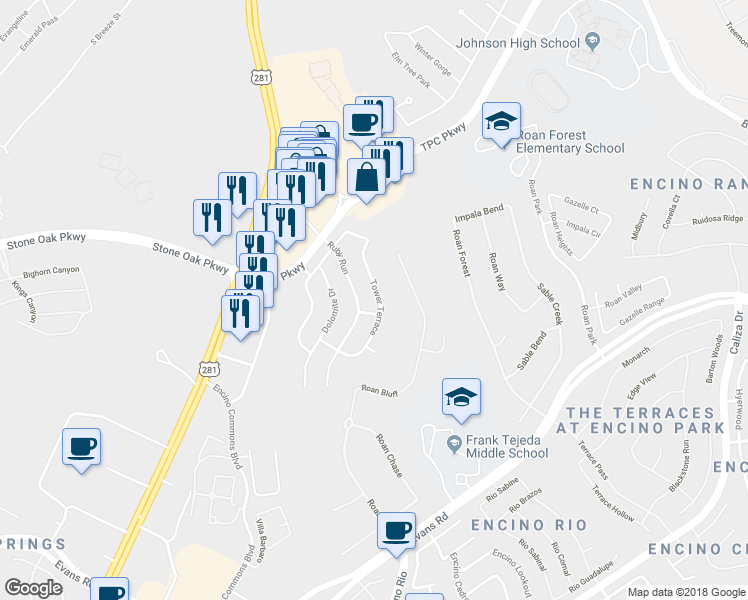 map of restaurants, bars, coffee shops, grocery stores, and more near 22115 Tower Terrace in San Antonio
