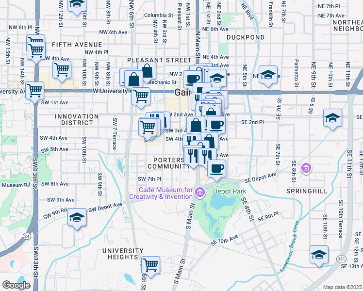 map of restaurants, bars, coffee shops, grocery stores, and more near 417 Southwest 2nd Street in Gainesville