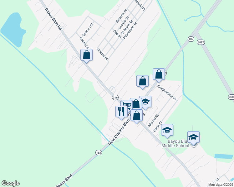 map of restaurants, bars, coffee shops, grocery stores, and more near 2034 Bayou Blue Road in Houma