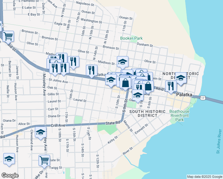 map of restaurants, bars, coffee shops, grocery stores, and more near in Palatka