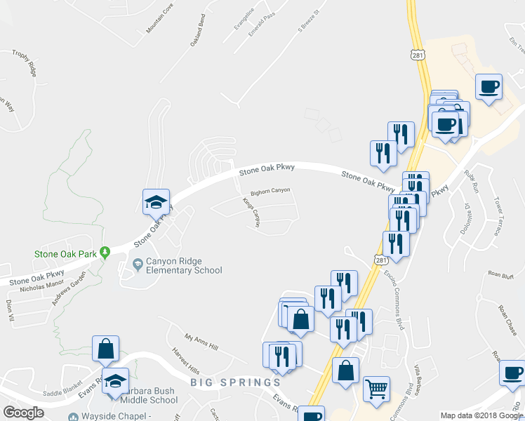 map of restaurants, bars, coffee shops, grocery stores, and more near 38 Palo Duro Canyon in San Antonio