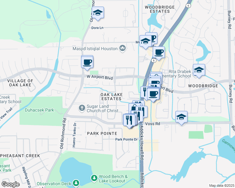 map of restaurants, bars, coffee shops, grocery stores, and more near 11607 Oak Lake Park Drive in Sugar Land