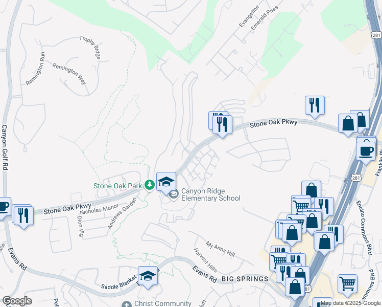 map of restaurants, bars, coffee shops, grocery stores, and more near 22205 Estate Hill Drive in San Antonio