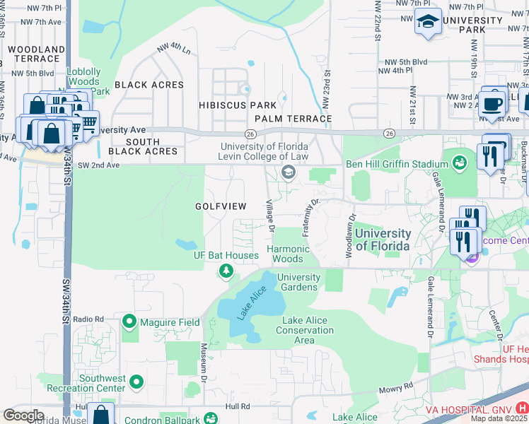 map of restaurants, bars, coffee shops, grocery stores, and more near 450 Village Drive in Gainesville