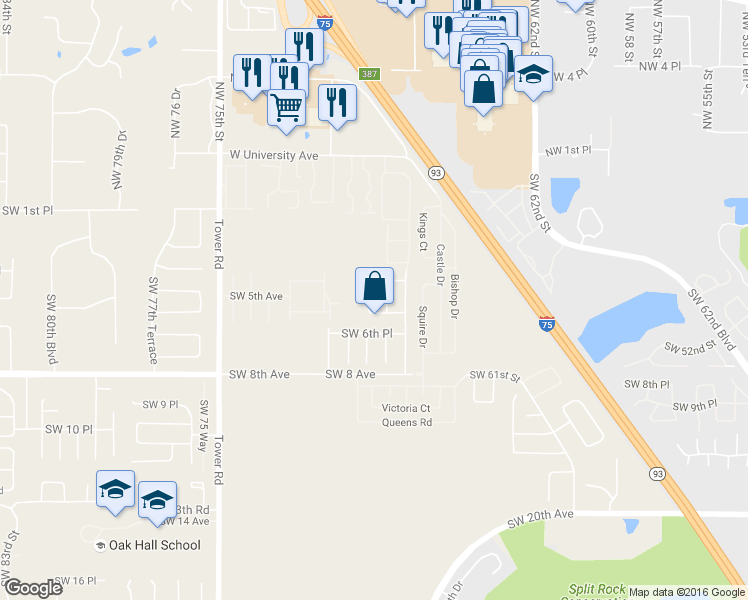 map of restaurants, bars, coffee shops, grocery stores, and more near 6819 Southwest 5th Place in Gainesville
