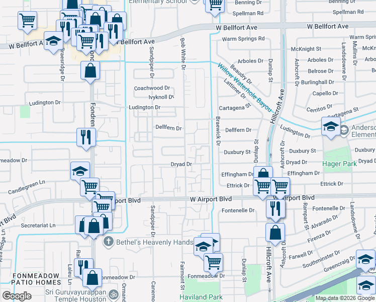 map of restaurants, bars, coffee shops, grocery stores, and more near 6303 Southwood Court South in Houston
