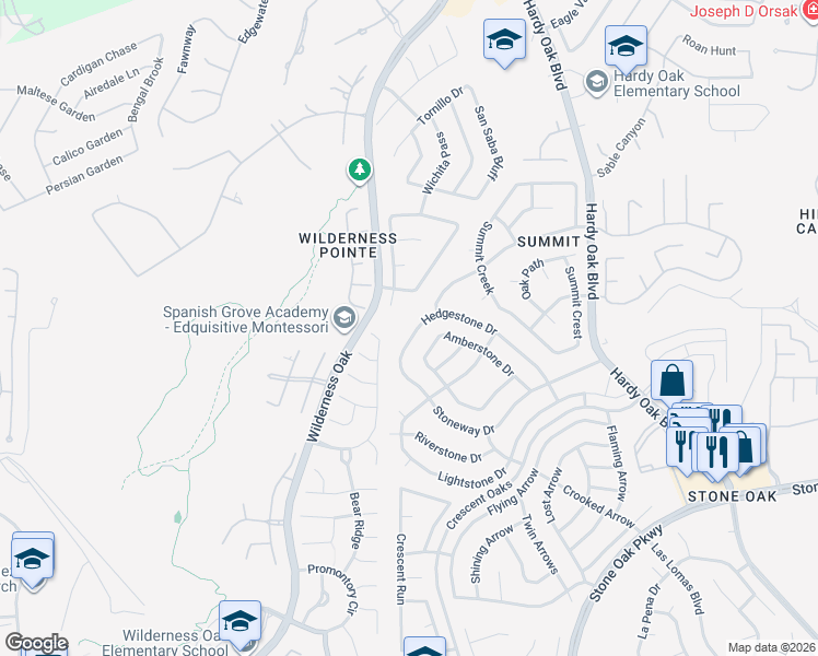 map of restaurants, bars, coffee shops, grocery stores, and more near 946 Hedgestone Drive in San Antonio