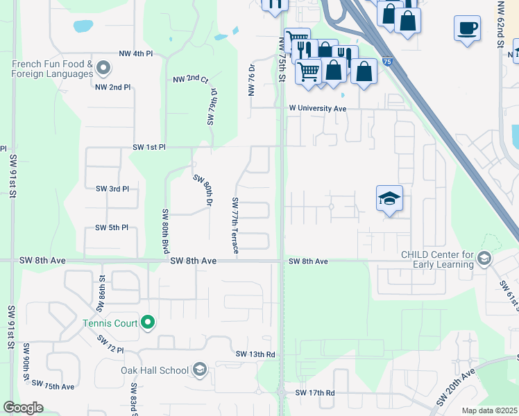map of restaurants, bars, coffee shops, grocery stores, and more near 7609 Southwest 4th Place in Gainesville