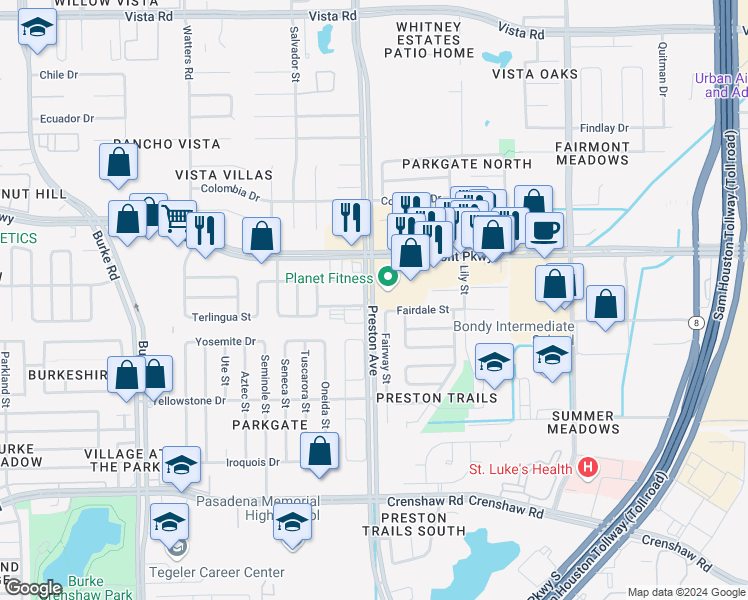 map of restaurants, bars, coffee shops, grocery stores, and more near 4089 Preston Road in Pasadena