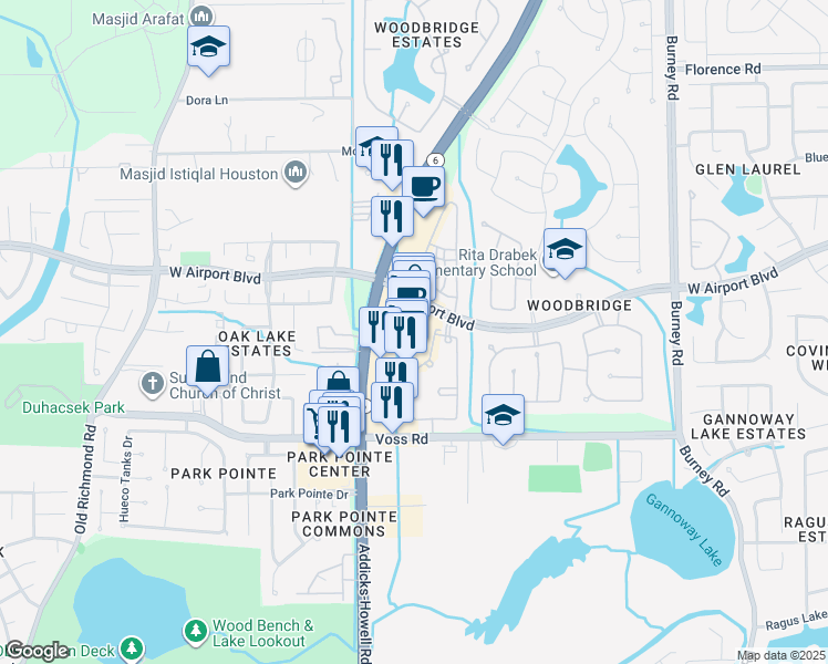 map of restaurants, bars, coffee shops, grocery stores, and more near 15015 West Airport Boulevard in Sugar Land