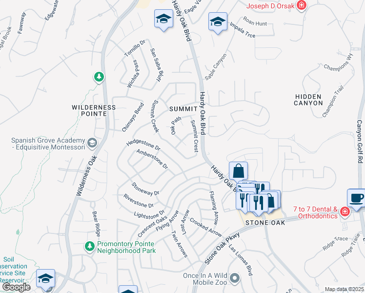 map of restaurants, bars, coffee shops, grocery stores, and more near 1118 Oak Path in San Antonio