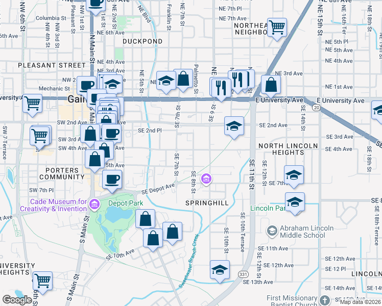map of restaurants, bars, coffee shops, grocery stores, and more near 422 Southeast 8th Street in Gainesville