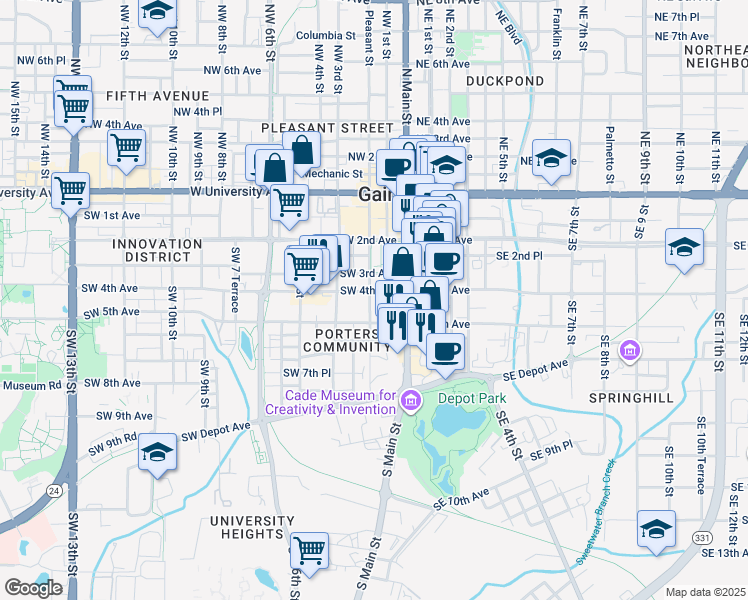 map of restaurants, bars, coffee shops, grocery stores, and more near 450 South Main Street in Gainesville