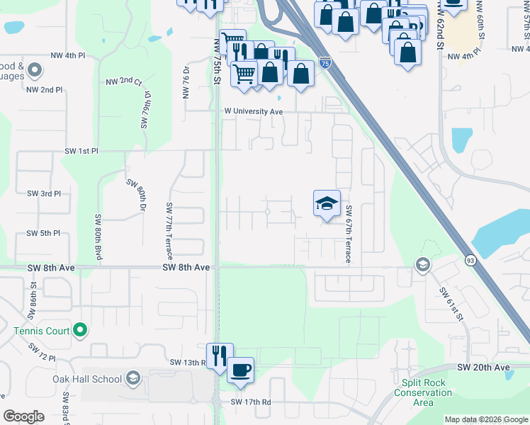 map of restaurants, bars, coffee shops, grocery stores, and more near 7174 Southwest 5th Road in Gainesville