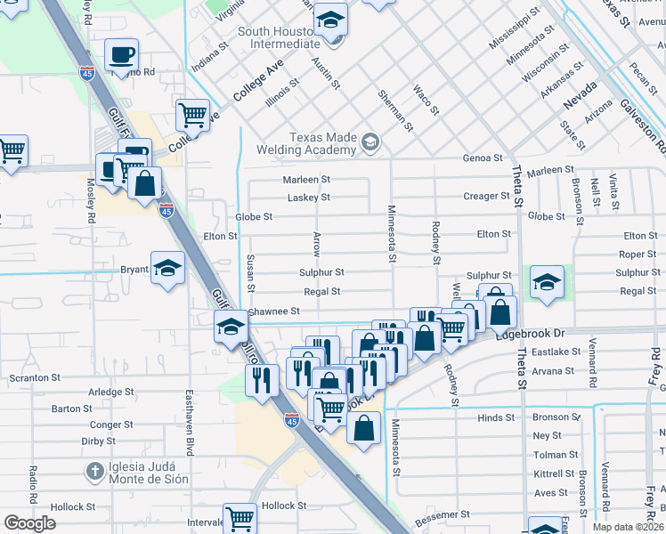 map of restaurants, bars, coffee shops, grocery stores, and more near 1230 Sulphur Street in Houston