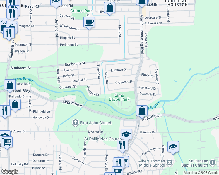 map of restaurants, bars, coffee shops, grocery stores, and more near 9322 Saint Lo Road in Houston