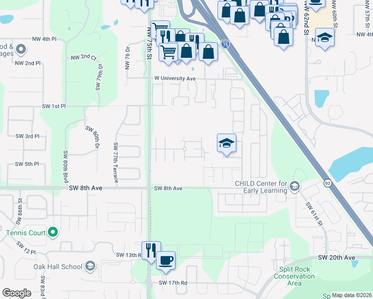 map of restaurants, bars, coffee shops, grocery stores, and more near 505 SW 72nd Way in Gainesville