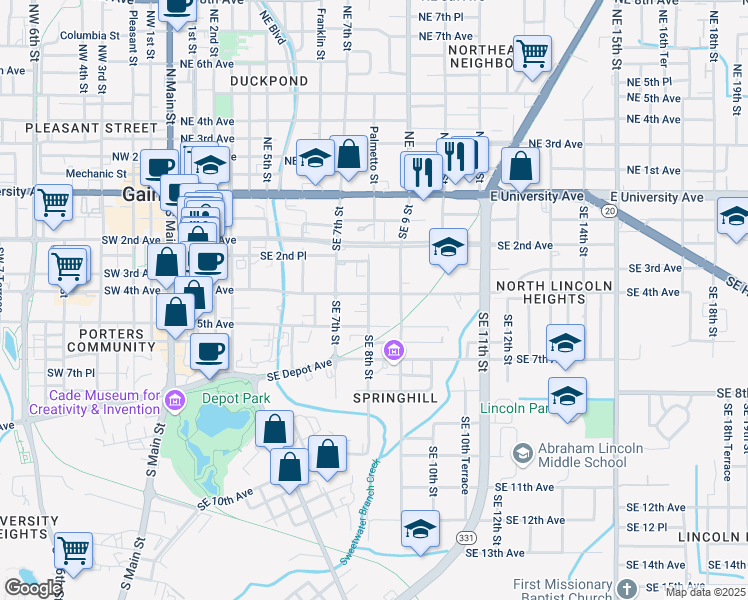 map of restaurants, bars, coffee shops, grocery stores, and more near 405 Southeast 8th Street in Gainesville