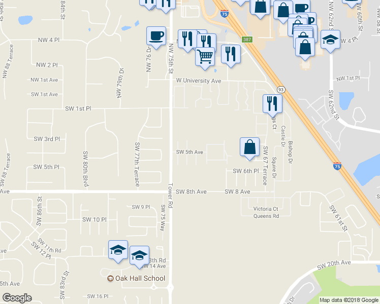 map of restaurants, bars, coffee shops, grocery stores, and more near Southwest 5th Avenue in Gainesville