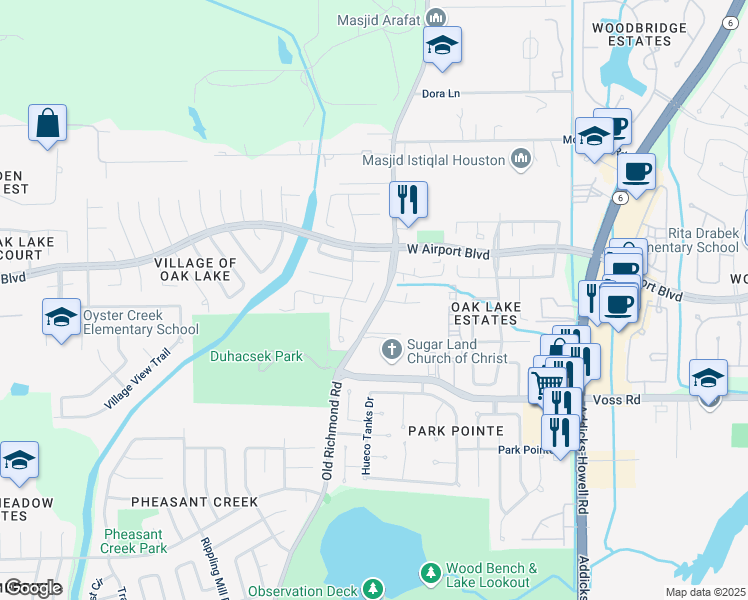 map of restaurants, bars, coffee shops, grocery stores, and more near 15623 Oakworth Court in Sugar Land
