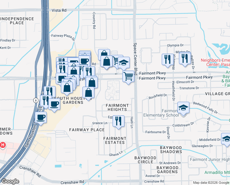 map of restaurants, bars, coffee shops, grocery stores, and more near 6060 Fairmont Parkway in Pasadena