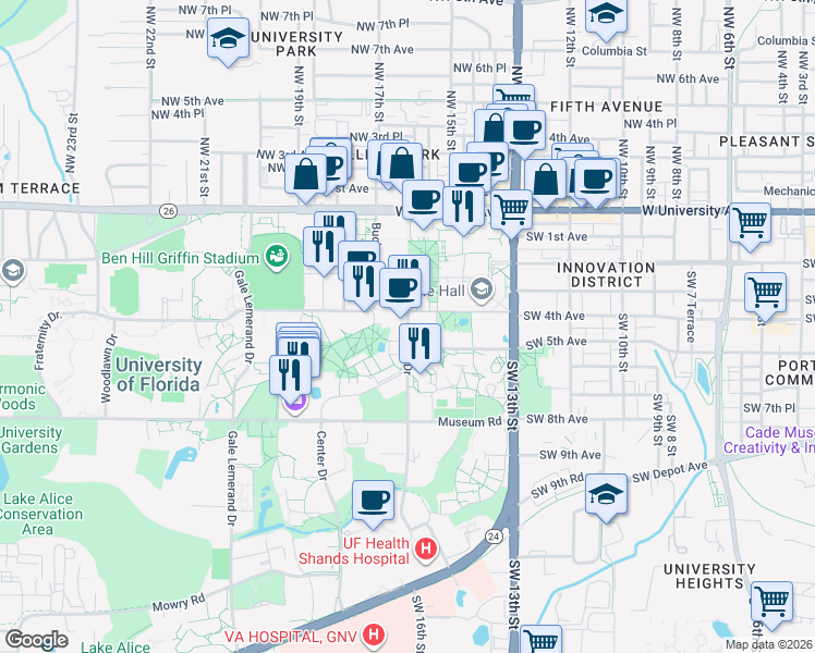 map of restaurants, bars, coffee shops, grocery stores, and more near 444 Newell Drive in Gainesville