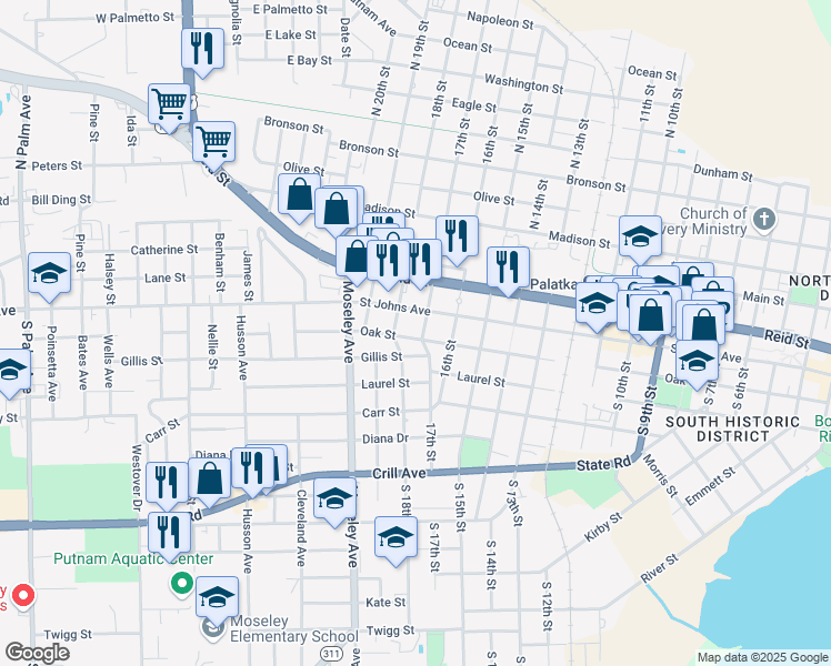 map of restaurants, bars, coffee shops, grocery stores, and more near 217 South 17th Street in Palatka
