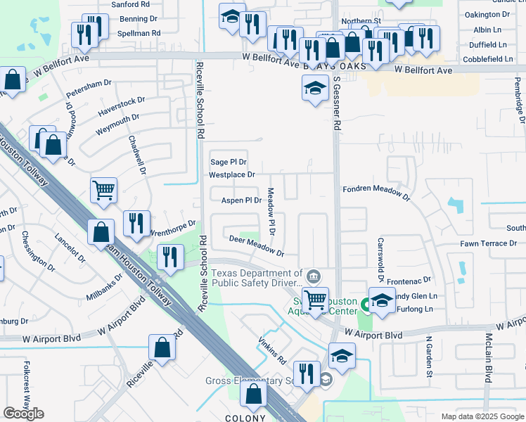 map of restaurants, bars, coffee shops, grocery stores, and more near 12014 Meadow Place Drive in Houston