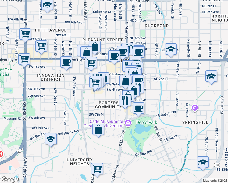 map of restaurants, bars, coffee shops, grocery stores, and more near 226 Southwest 5th Avenue in Gainesville