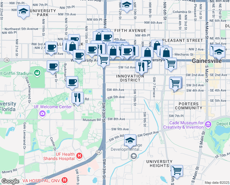 map of restaurants, bars, coffee shops, grocery stores, and more near 1221 Southwest 5th Avenue in Gainesville