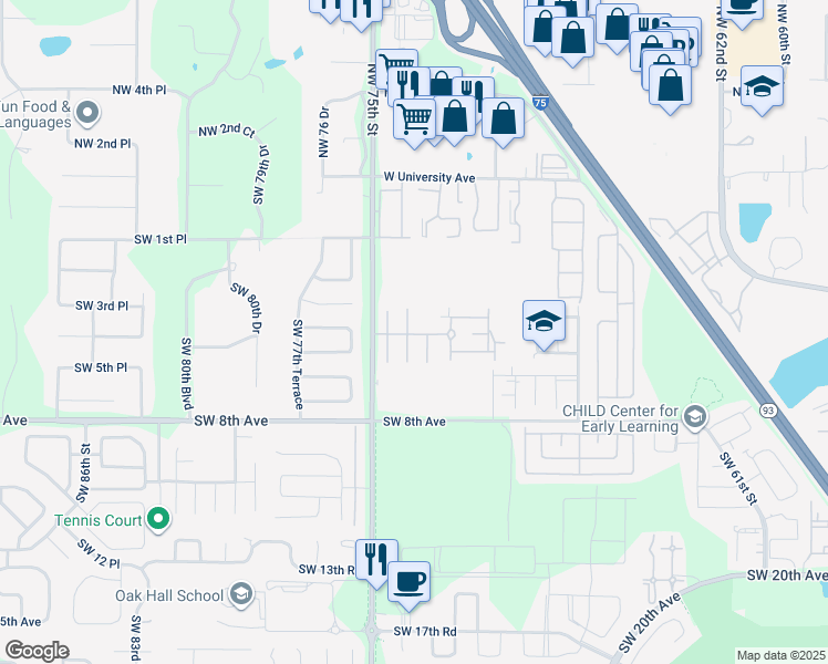 map of restaurants, bars, coffee shops, grocery stores, and more near Southwest 5th Avenue in Gainesville