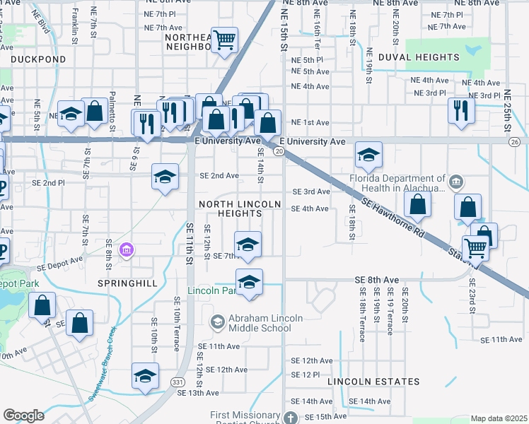 map of restaurants, bars, coffee shops, grocery stores, and more near 425 Southeast 14th Street in Gainesville