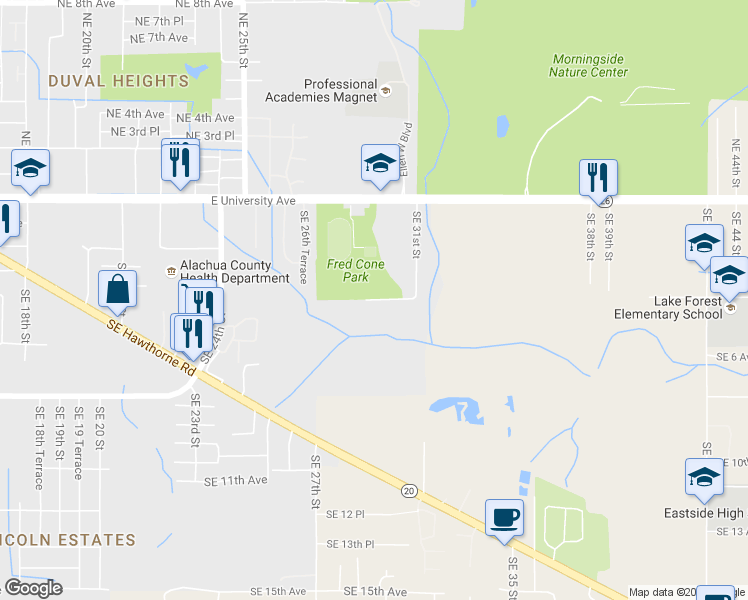 map of restaurants, bars, coffee shops, grocery stores, and more near 2841 East University Avenue in Gainesville