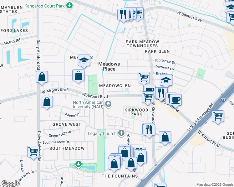 map of restaurants, bars, coffee shops, grocery stores, and more near 11919 West Airport Boulevard in Stafford