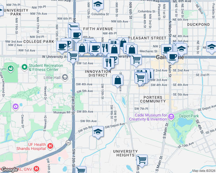map of restaurants, bars, coffee shops, grocery stores, and more near 849 Southwest 5th Avenue in Gainesville