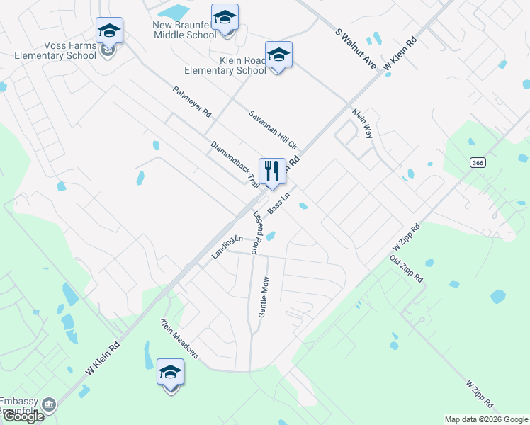map of restaurants, bars, coffee shops, grocery stores, and more near 111 Bass Lane in New Braunfels