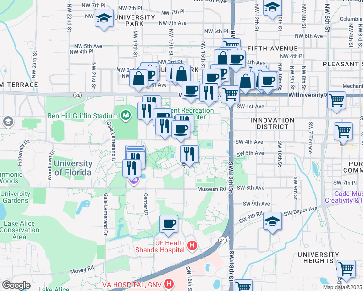 map of restaurants, bars, coffee shops, grocery stores, and more near 444 Newell Drive in Gainesville