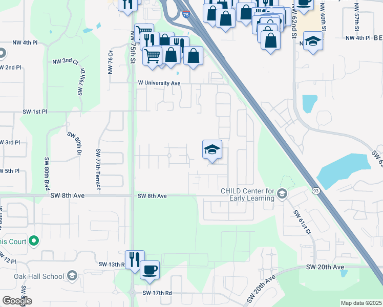map of restaurants, bars, coffee shops, grocery stores, and more near 491 Southwest 70th Way in Gainesville