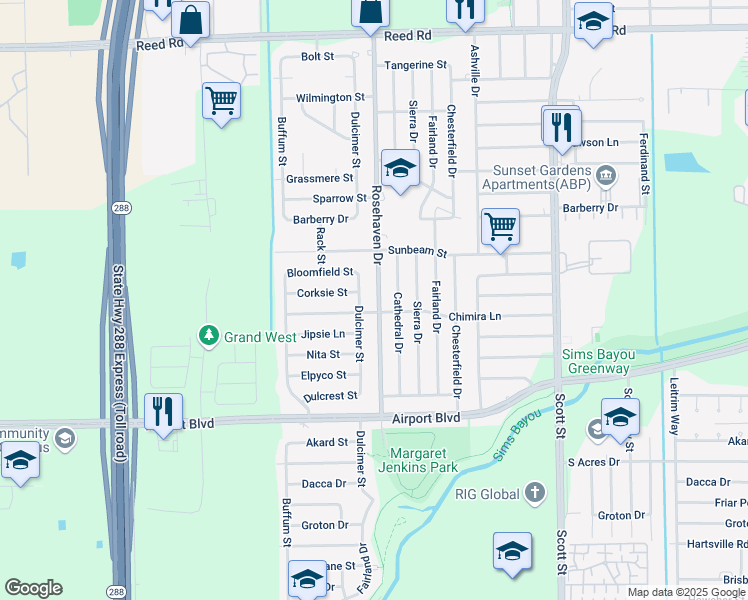 map of restaurants, bars, coffee shops, grocery stores, and more near 10305 Rosehaven Drive in Houston