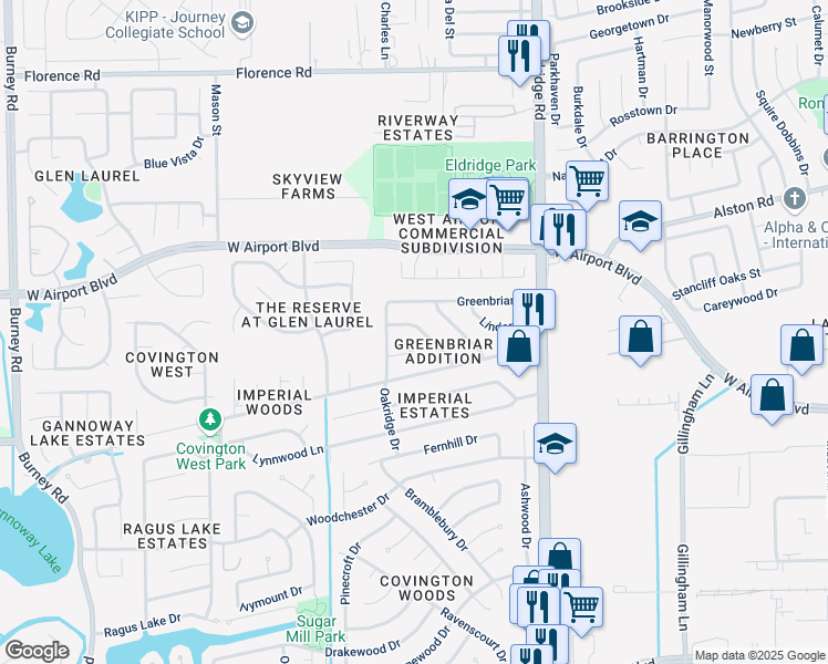 map of restaurants, bars, coffee shops, grocery stores, and more near 13643 Greenridge Drive in Sugar Land