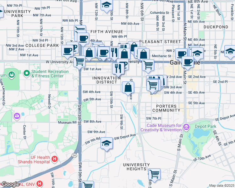 map of restaurants, bars, coffee shops, grocery stores, and more near 849 Southwest 5th Avenue in Gainesville
