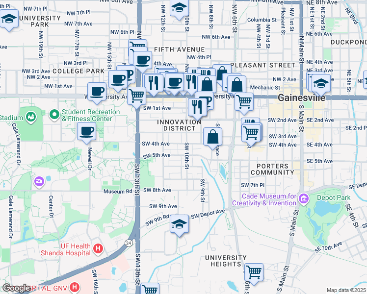 map of restaurants, bars, coffee shops, grocery stores, and more near 504 Southwest 10th Street in Gainesville