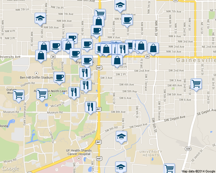 map of restaurants, bars, coffee shops, grocery stores, and more near 1221 Southwest 5th Avenue in Gainesville