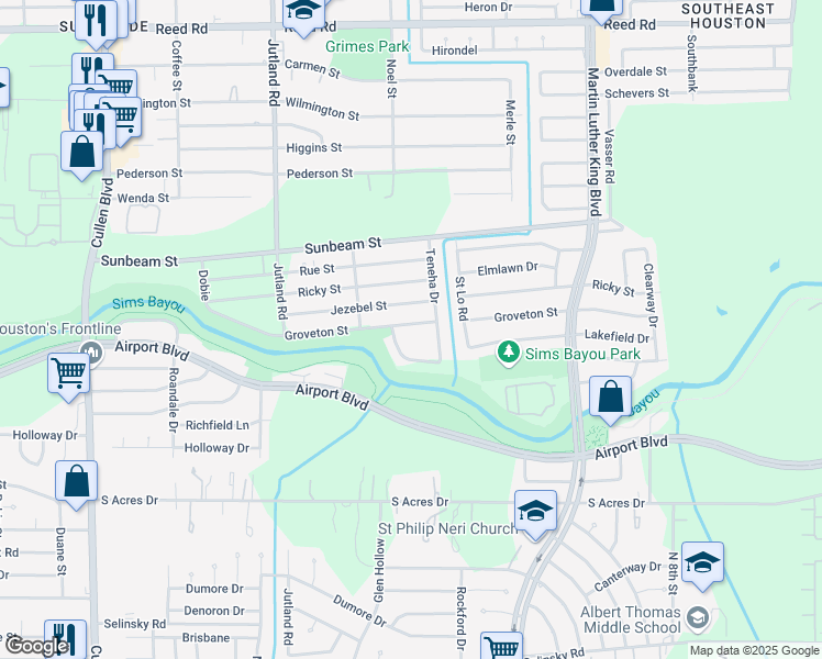 map of restaurants, bars, coffee shops, grocery stores, and more near 5449 Colt Street in Houston