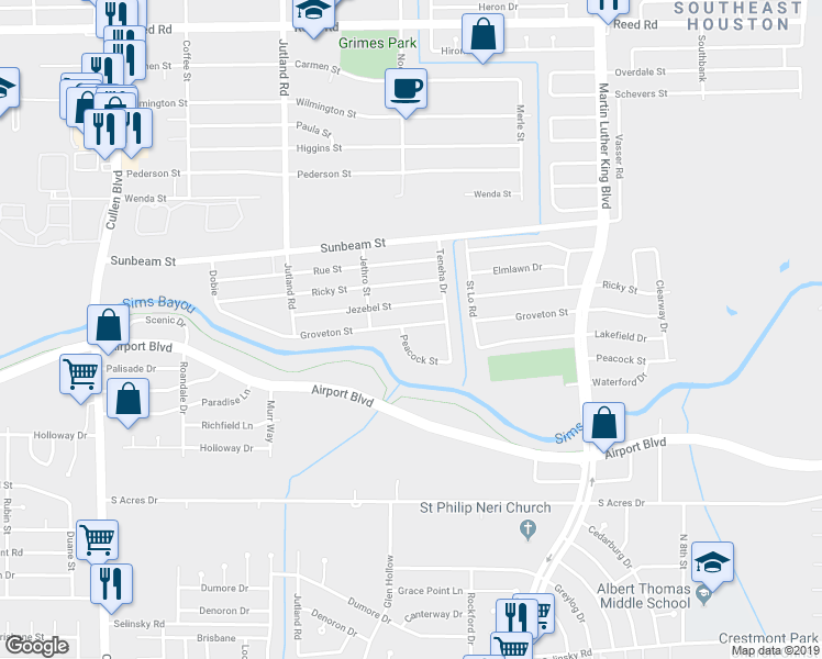 map of restaurants, bars, coffee shops, grocery stores, and more near 5410 Peacock Street in Houston
