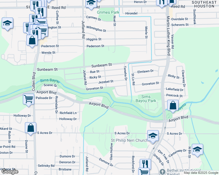map of restaurants, bars, coffee shops, grocery stores, and more near 5410 Peacock Street in Houston