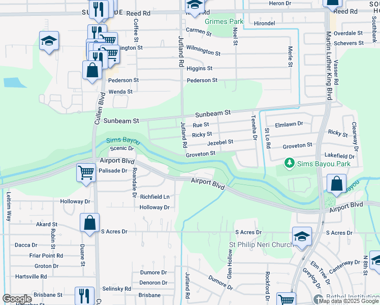 map of restaurants, bars, coffee shops, grocery stores, and more near 5169 Airport Boulevard in Houston