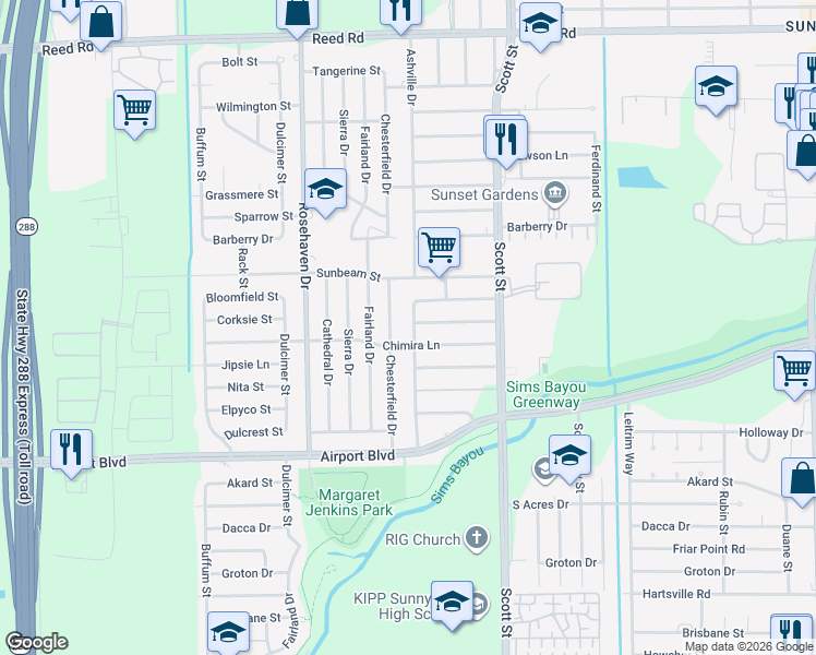 map of restaurants, bars, coffee shops, grocery stores, and more near 10301 Ashville Drive in Houston